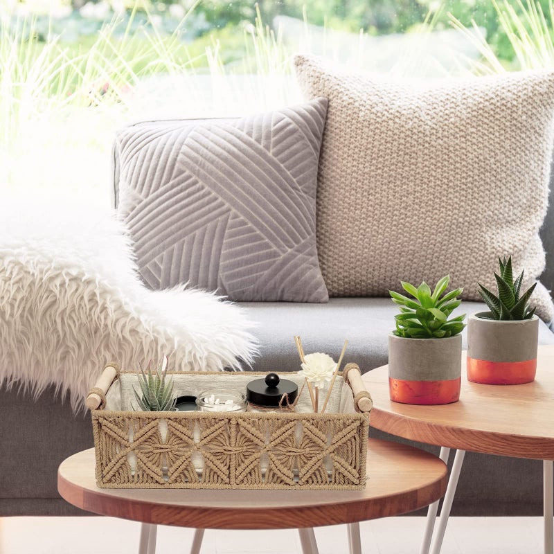 HOSROOME Macrame Storage Basket Boho Decor Baskets for Organizing Woven Decorative Basket for Countertop Toilet Paper Basket for Toilet Tank Top Shelf Basket with Handle for Bathroom Decor Nursery (Set of 2) - Image 5